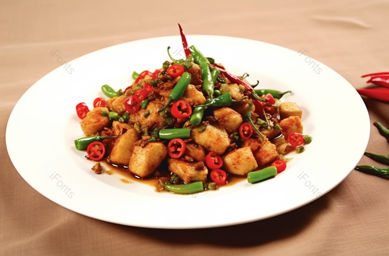 白色餐盘里的爆炒鸡肉,高清,摄影图,摄影图片,图片大全,摄影图免费下载